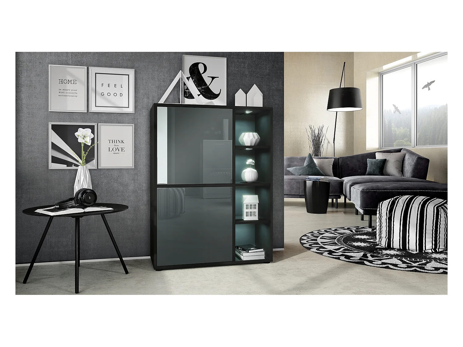 Buffet haut Cuba avec 8 compartiments, caisson en noir mat / Façades en Gris laqué haute brillance avec éclairage LED RGB