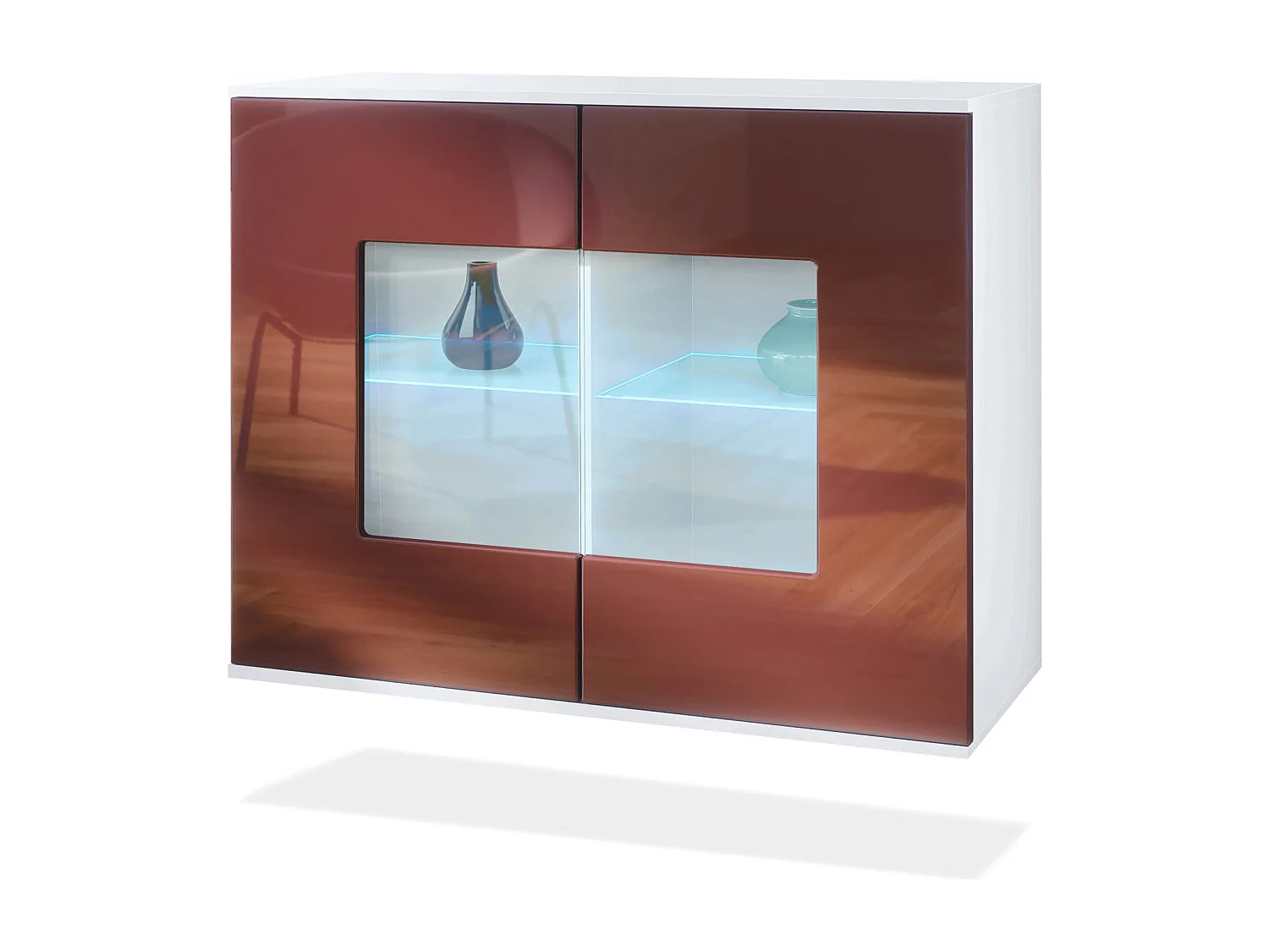 Commode Grömitz V3, Armoire de cuisine moderne avec 2 grandes portes vitrées incl. éclairage RGB blanc mat / bordeaux haute brillance (92,5 x 73.5 x 35)