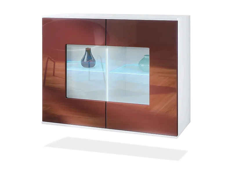 Commode Grömitz V3, Armoire de cuisine moderne avec 2 grandes portes vitrées incl. éclairage RGB blanc mat / bordeaux haute brillance (92,5 x 73.5 x 35)