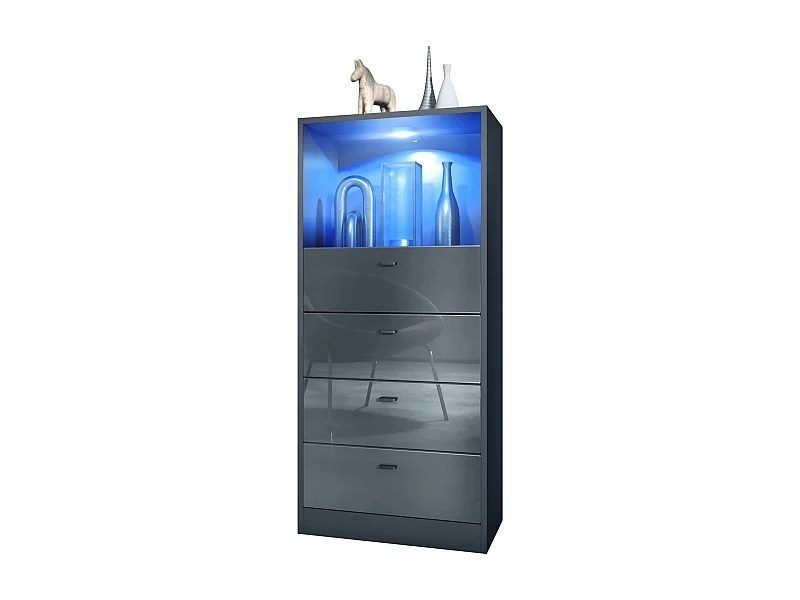 Commode Buffet Pino V3, avec 4 tiroirs & 1 compartiment ouvert, Anthracite mat/Gris haute brillance avec éclairage LED RVB (56 x 125 x 36 cm)