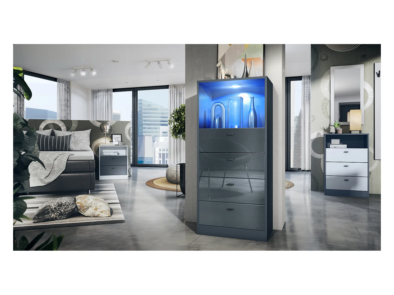 Commode Buffet Pino V3, avec 4 tiroirs & 1 compartiment ouvert, Anthracite mat/Gris haute brillance avec éclairage LED RVB (56 x 125 x 36 cm)