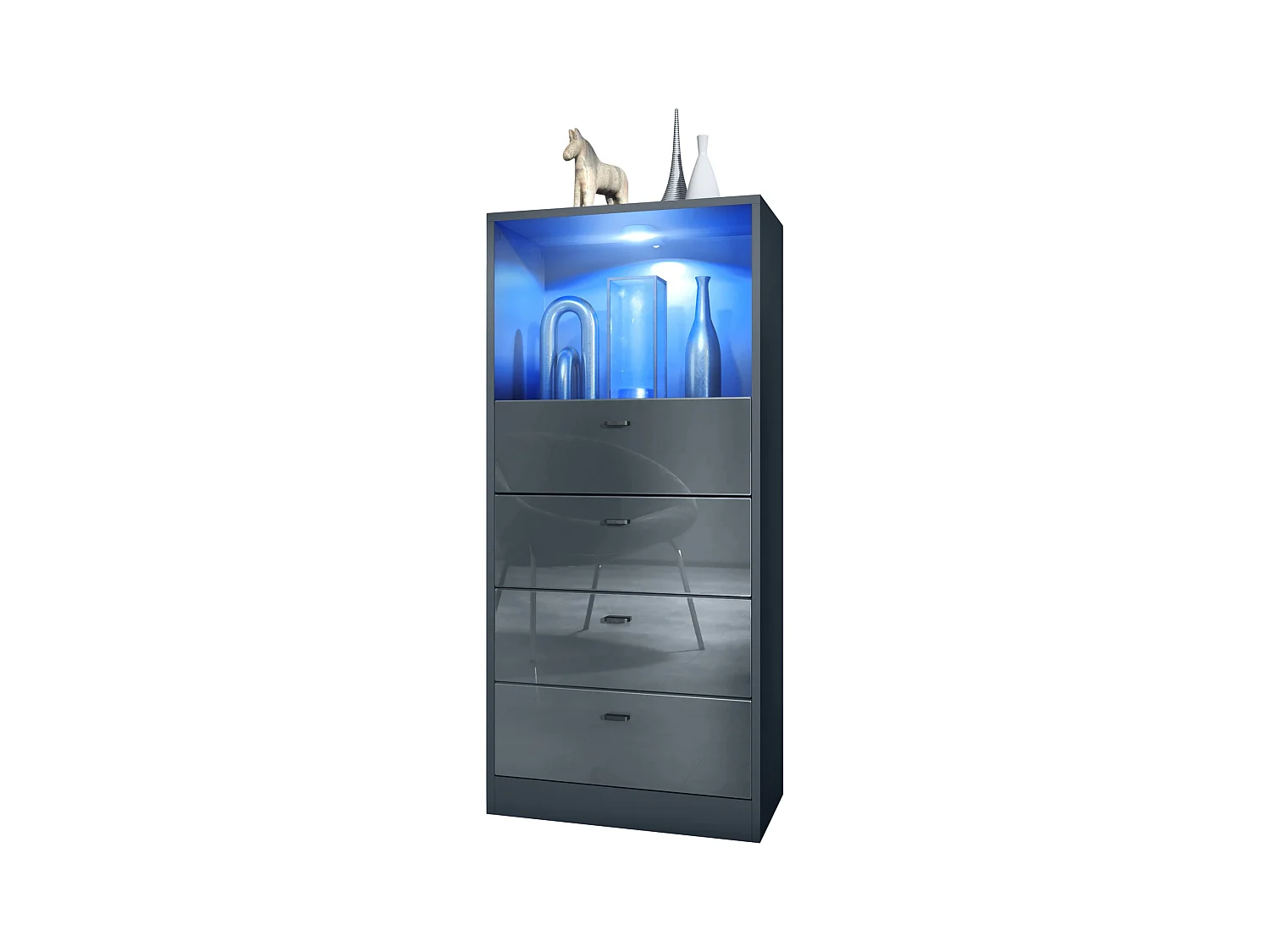 Commode Buffet Pino V3, avec 4 tiroirs & 1 compartiment ouvert, Anthracite mat/Gris haute brillance avec éclairage LED RVB (56 x 125 x 36 cm)