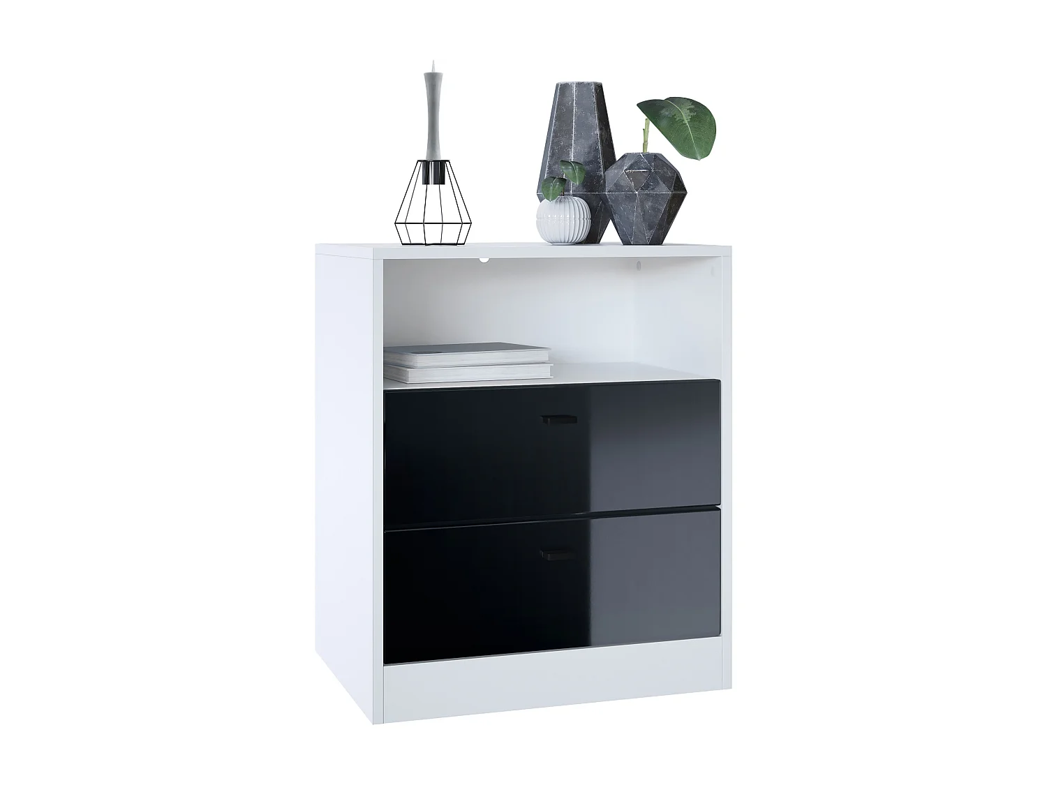 Buffet Pino V1, table de chevet avec 2 tiroirs & 1 compartiment ouvert,blanche mat/Noir haute brillance sans LED (56 x 67,5 x 36 cm)