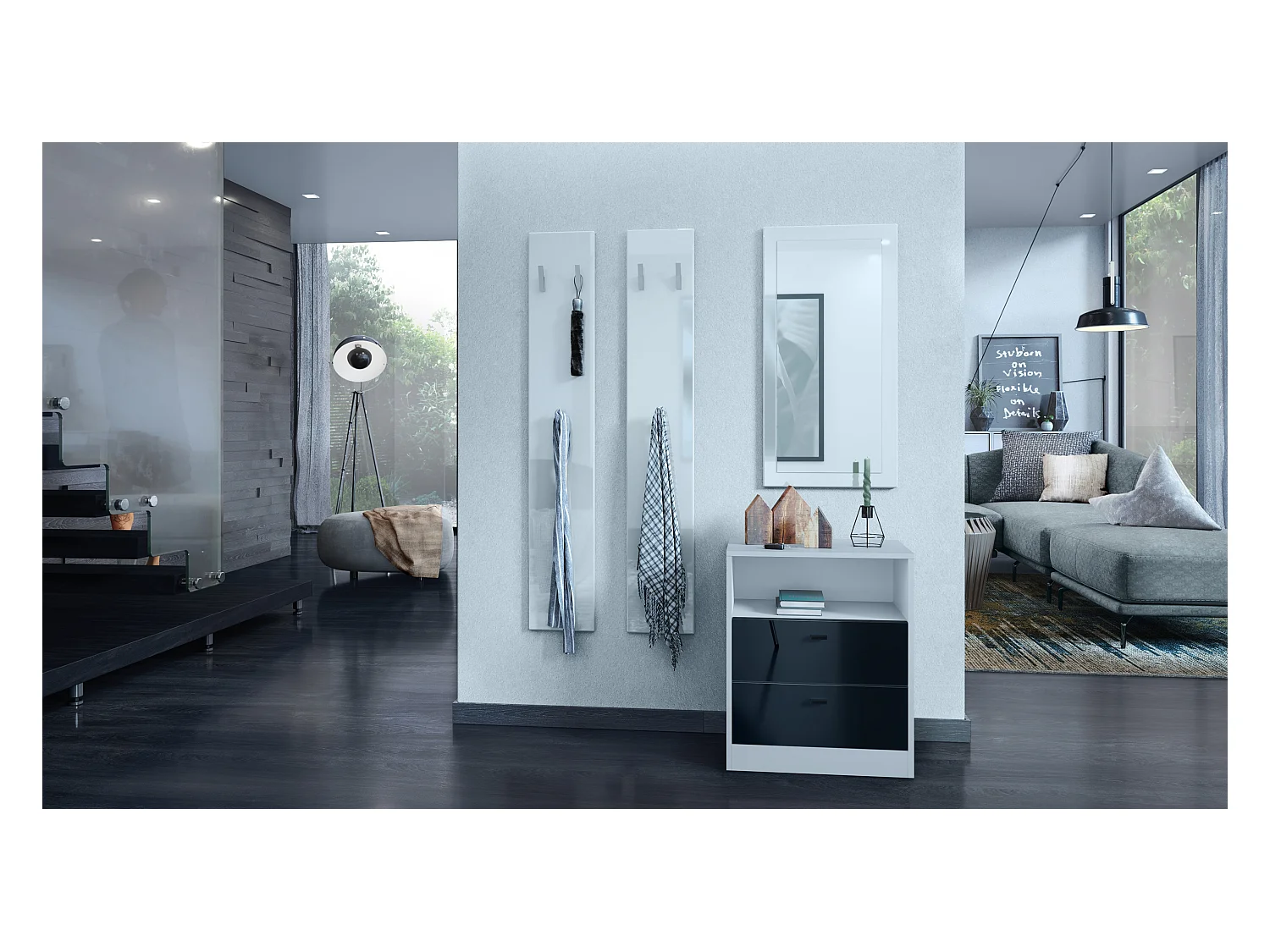 Buffet Pino V1, table de chevet avec 2 tiroirs & 1 compartiment ouvert,blanche mat/Noir haute brillance sans LED (56 x 67,5 x 36 cm)