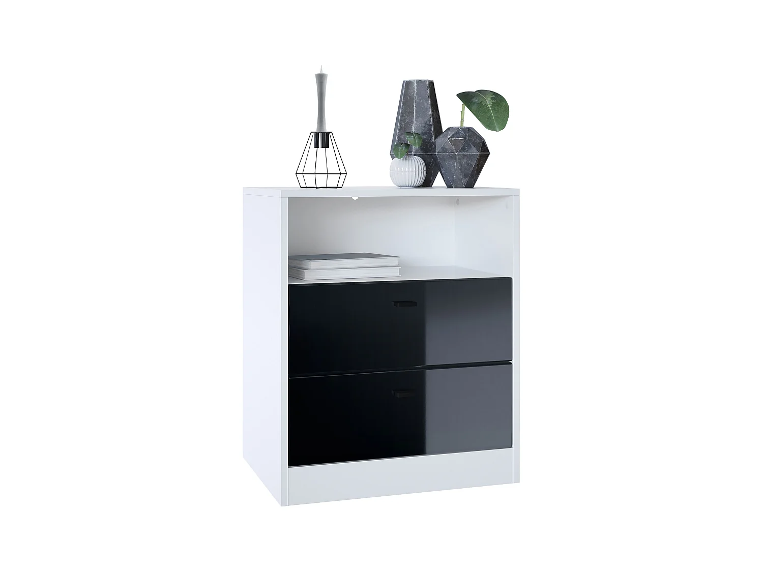 Buffet Pino V1, table de chevet avec 2 tiroirs & 1 compartiment ouvert,blanche mat/Noir haute brillance sans LED (56 x 67,5 x 36 cm)