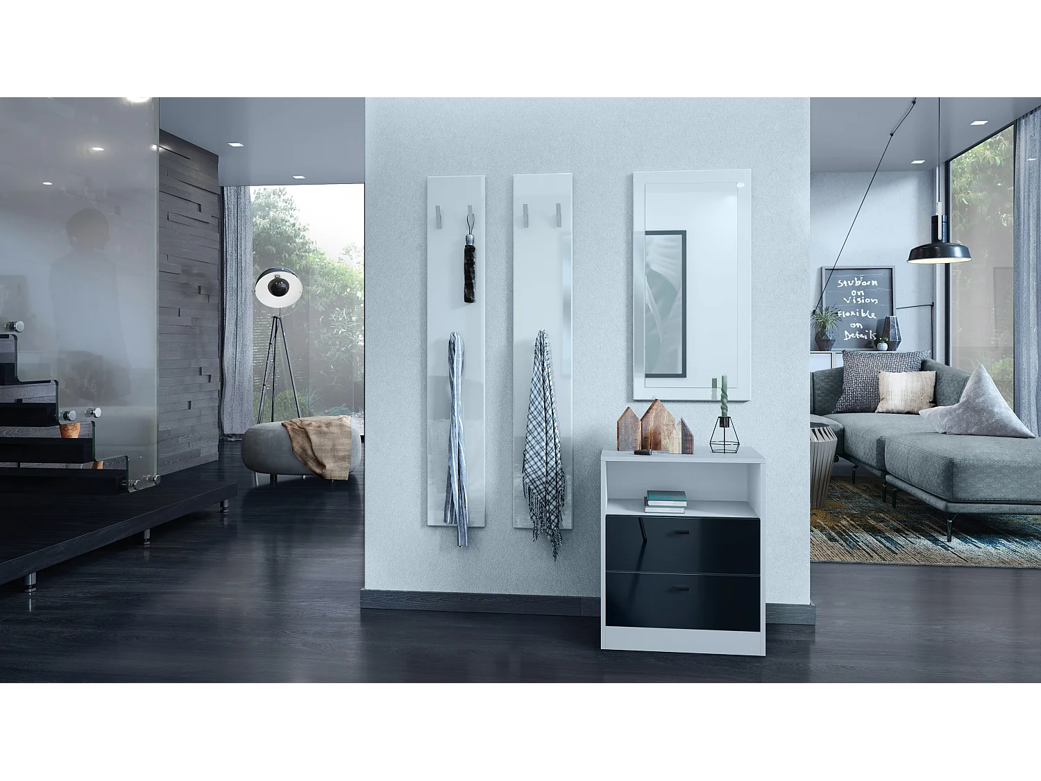 Cassettiera Pino V1, Comodino con 2 cassetti e 1 vano a giorno, bianco opaco/nero lucido senza LED (56 x 67,5 x 36 cm)