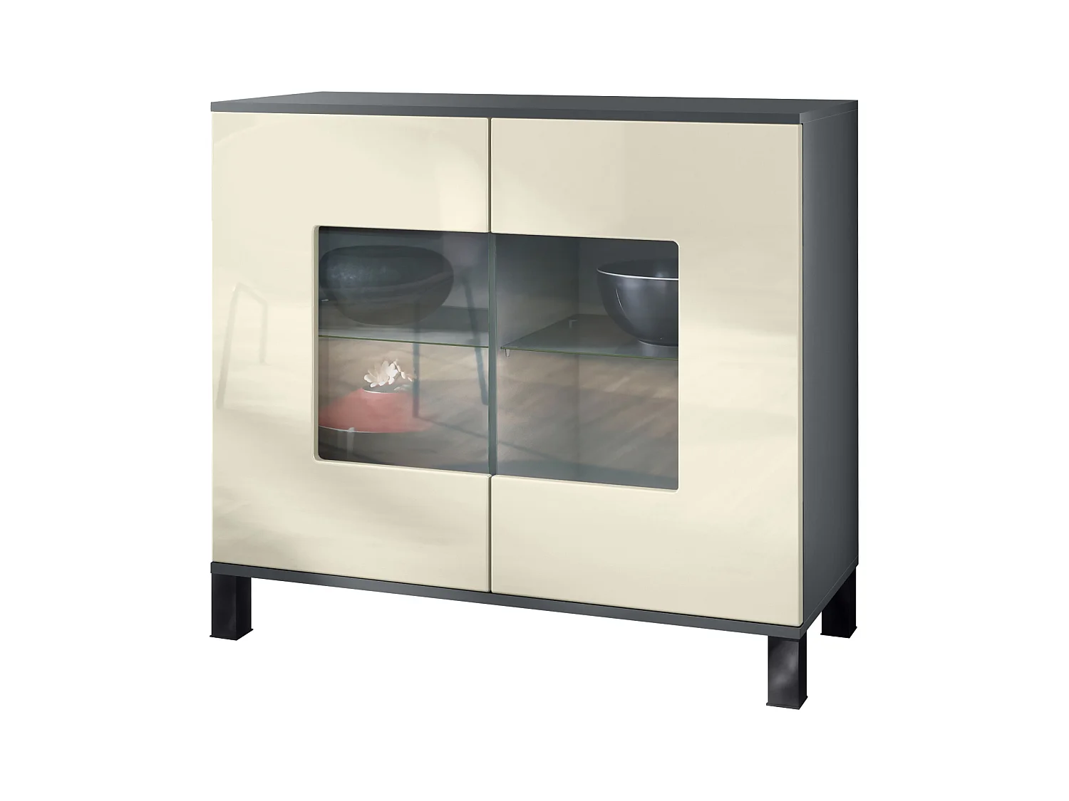 Commode Grömitz V3, Armoire de cuisine moderne avec 2 grandes portes vitrées anthracite mat / crème haute brillance (92,5 x 84.5 x 35)
