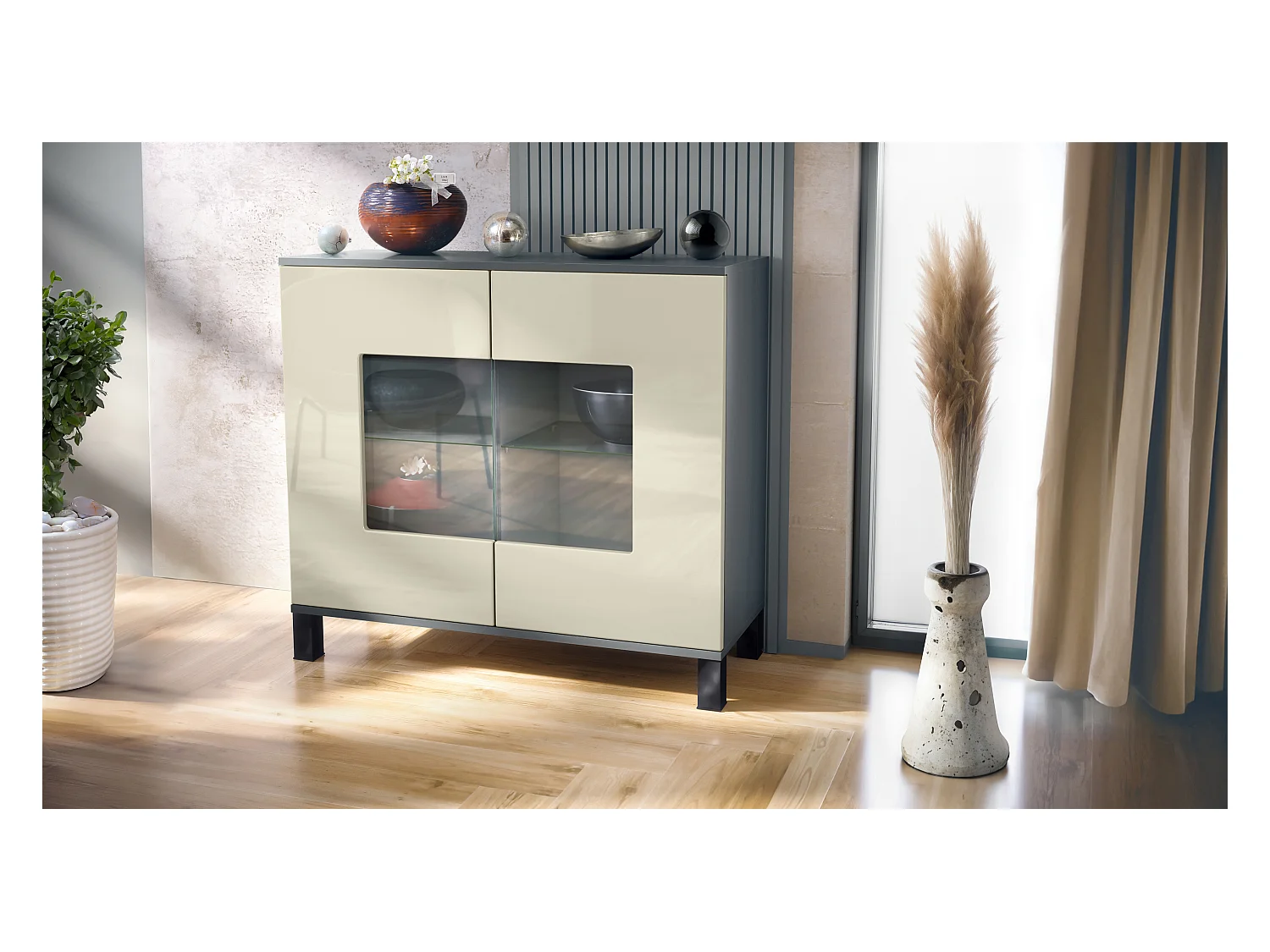 Commode Grömitz V3, Armoire de cuisine moderne avec 2 grandes portes vitrées anthracite mat / crème haute brillance (92,5 x 84.5 x 35)