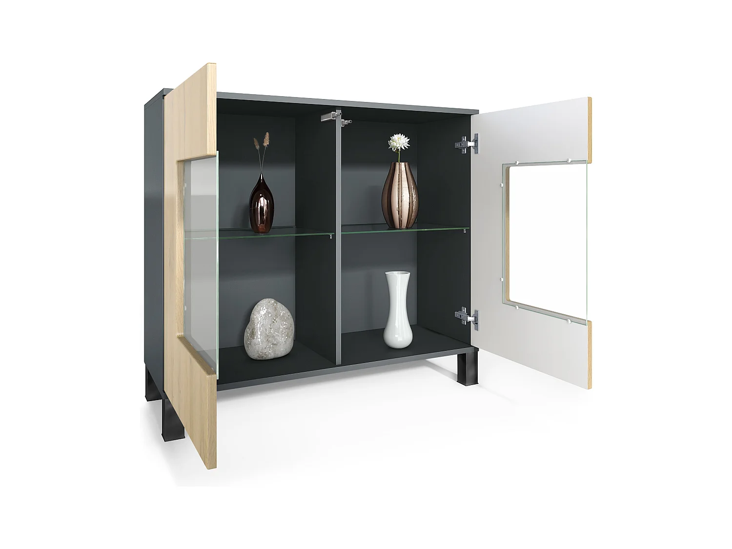 Commode Grömitz V3, Armoire de cuisine moderne avec 2 grandes portes vitrées anthracite mat / crème haute brillance (92,5 x 84.5 x 35)