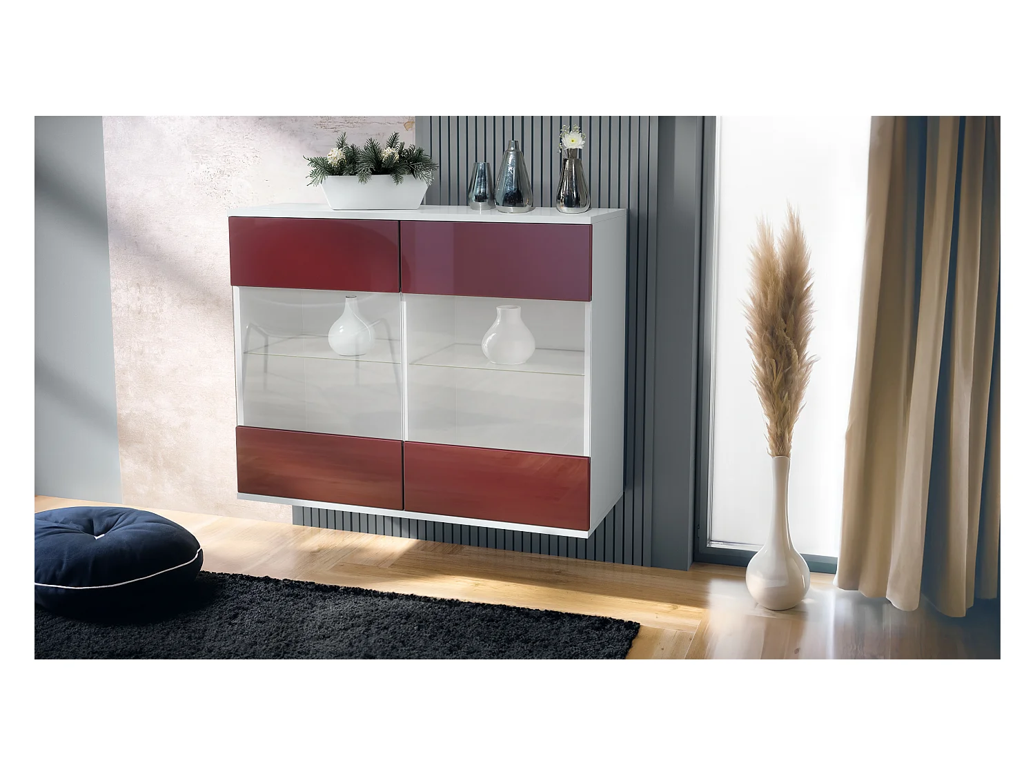 Commode Bari V3, Armoire de cuisine moderne avec 2 grandes portes vitrées blanc mat / bordeaux haute brillance (92,5 x 73.5 x 35)