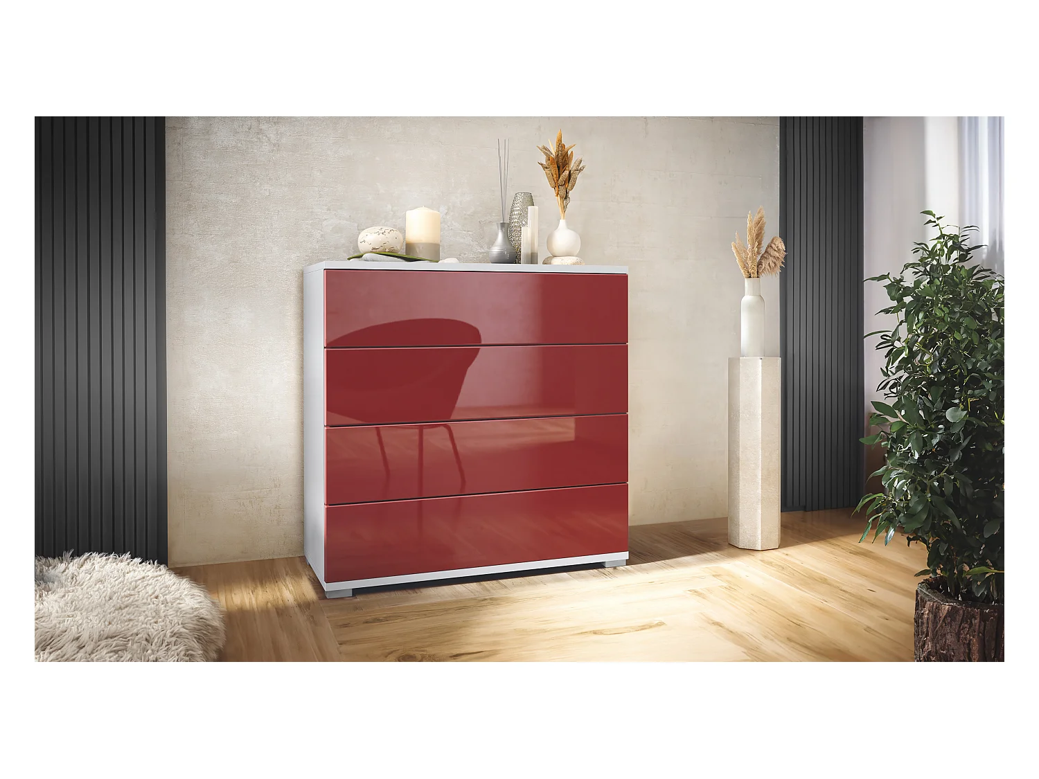 Commode  Pavos V3, Buffet avec 4 tiroirs blanc mat/bordeaux haute brillance (76 x 76 x 35 cm)