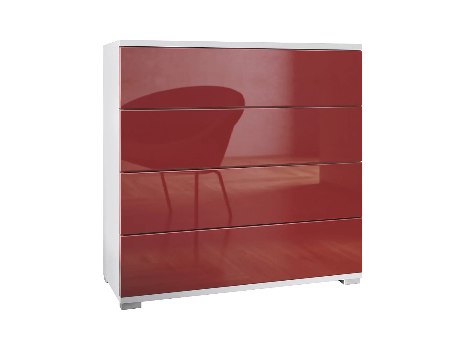 Commode  Pavos V3, Buffet avec 4 tiroirs blanc mat/bordeaux haute brillance (76 x 76 x 35 cm)