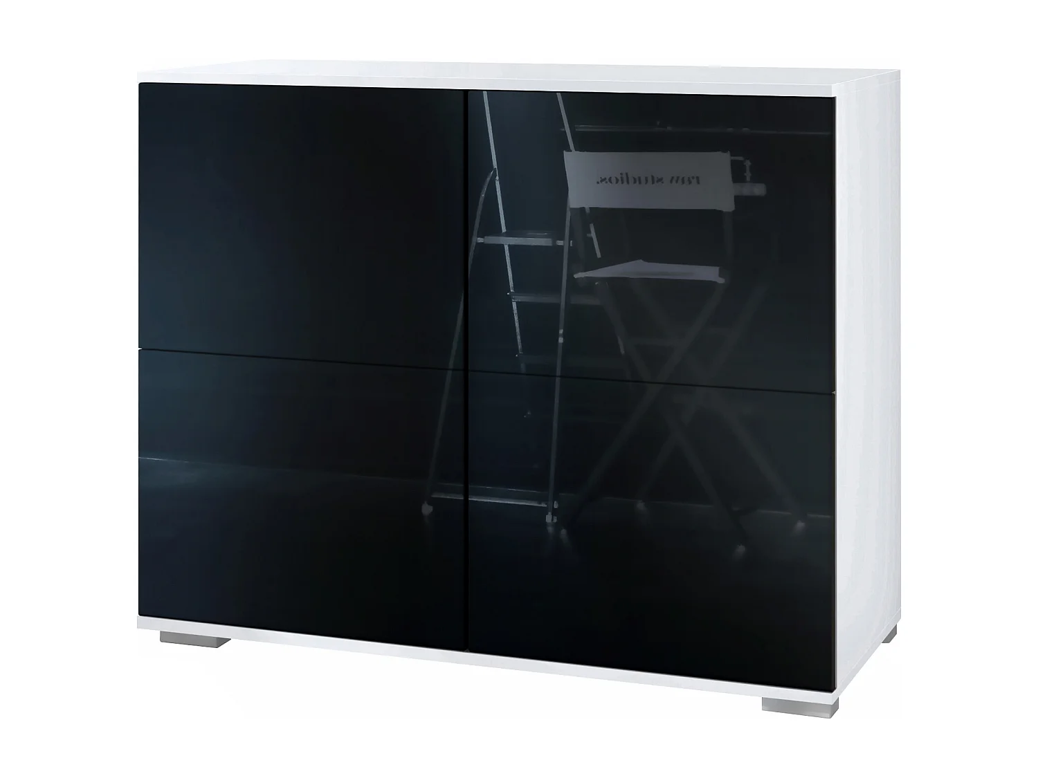 Buffet Rova V3 – Meuble de cuisine moderne avec 4 portes Push-to-Open blanc mat / noir haute brillance (92,5 x 75.5 x 35)