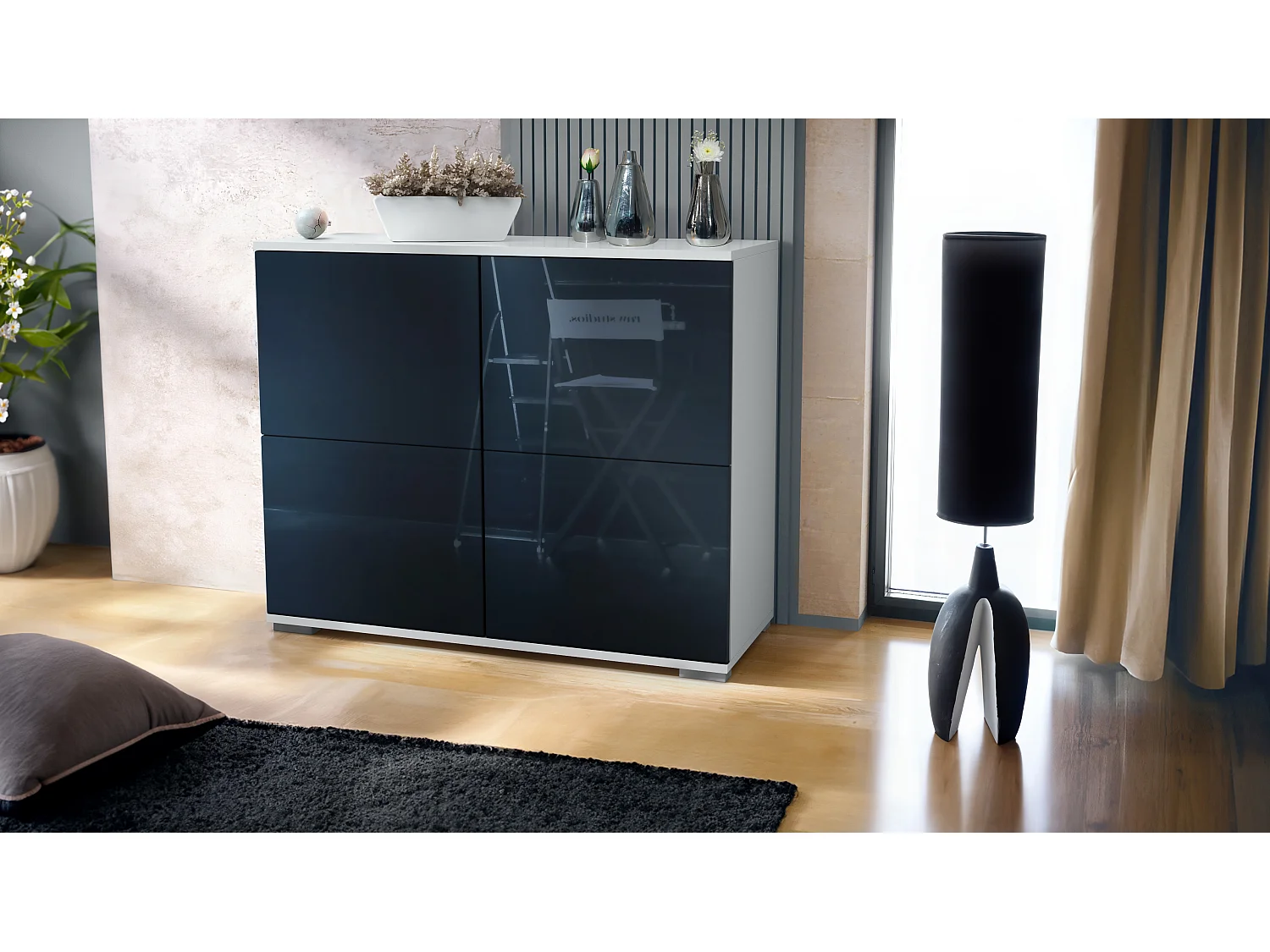 Buffet Rova V3 – Meuble de cuisine moderne avec 4 portes Push-to-Open blanc mat / noir haute brillance (92,5 x 75.5 x 35)