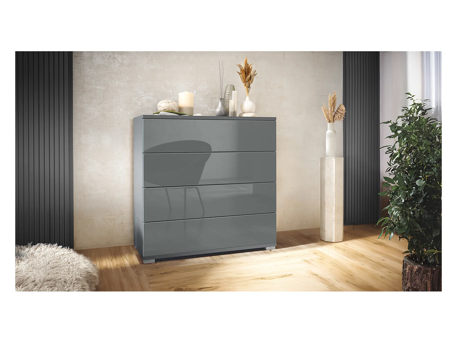 Commode  Pavos V3, Buffet avec 4 tiroirs anthracite mat/gris haute brillance (76 x 76 x 35 cm)