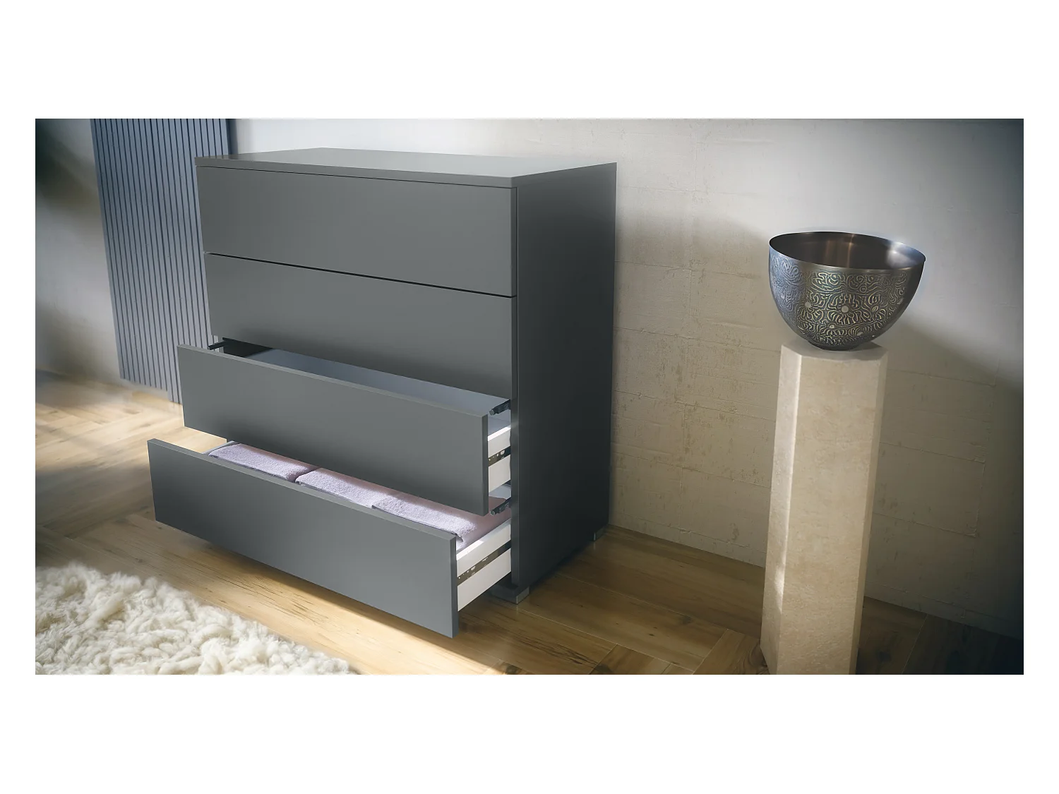 Commode  Pavos V3, Buffet avec 4 tiroirs anthracite mat/gris haute brillance (76 x 76 x 35 cm)