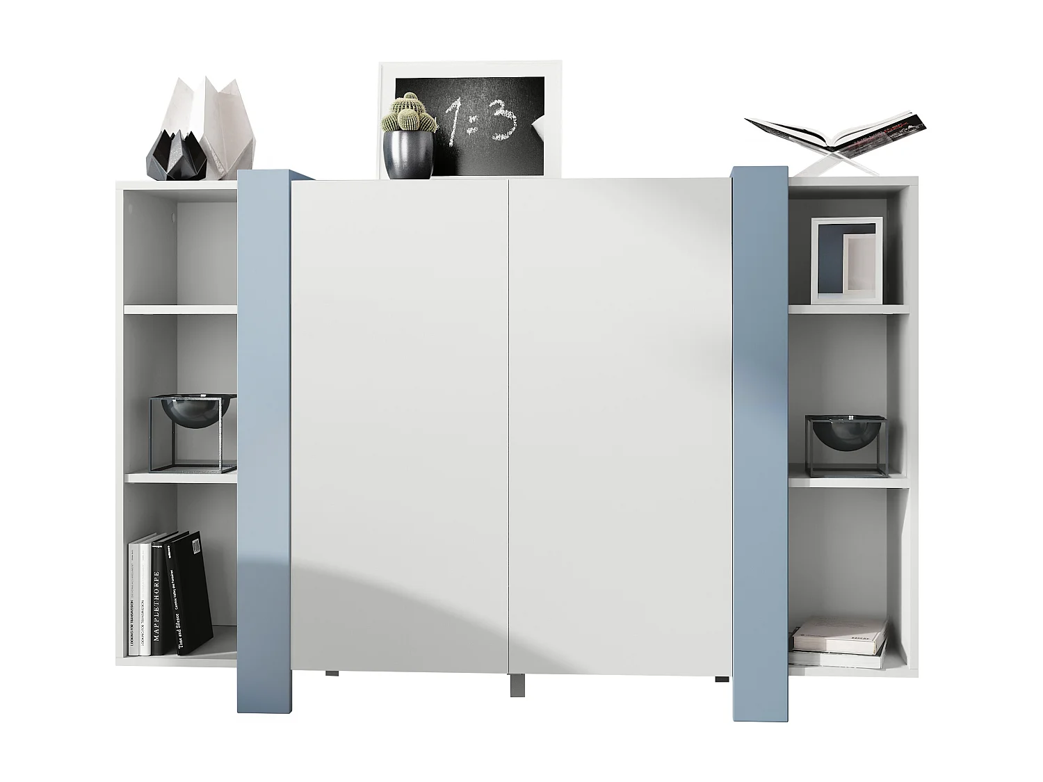 meuble haut Ida V2, Buffet avec 12 compartiments, caisson en blanc mat, bandeaux en denim mat, (149 x 101 x 34 cm) | Grand choix de couleurs