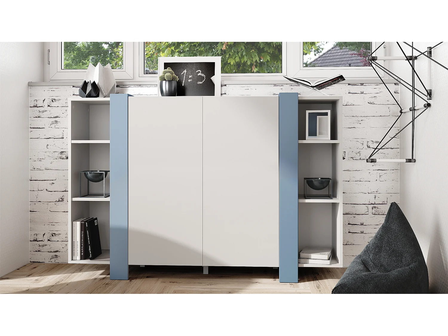 meuble haut Ida V2, Buffet avec 12 compartiments, caisson en blanc mat, bandeaux en denim mat, (149 x 101 x 34 cm) | Grand choix de couleurs