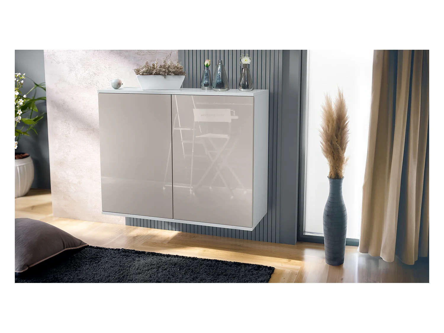 Credenza Skadu V3, Mobile da Cucina Moderno con 2 Grandi Ante bianco opaco / grigio sabbia lucido (92,5 x 73.5 x 35)