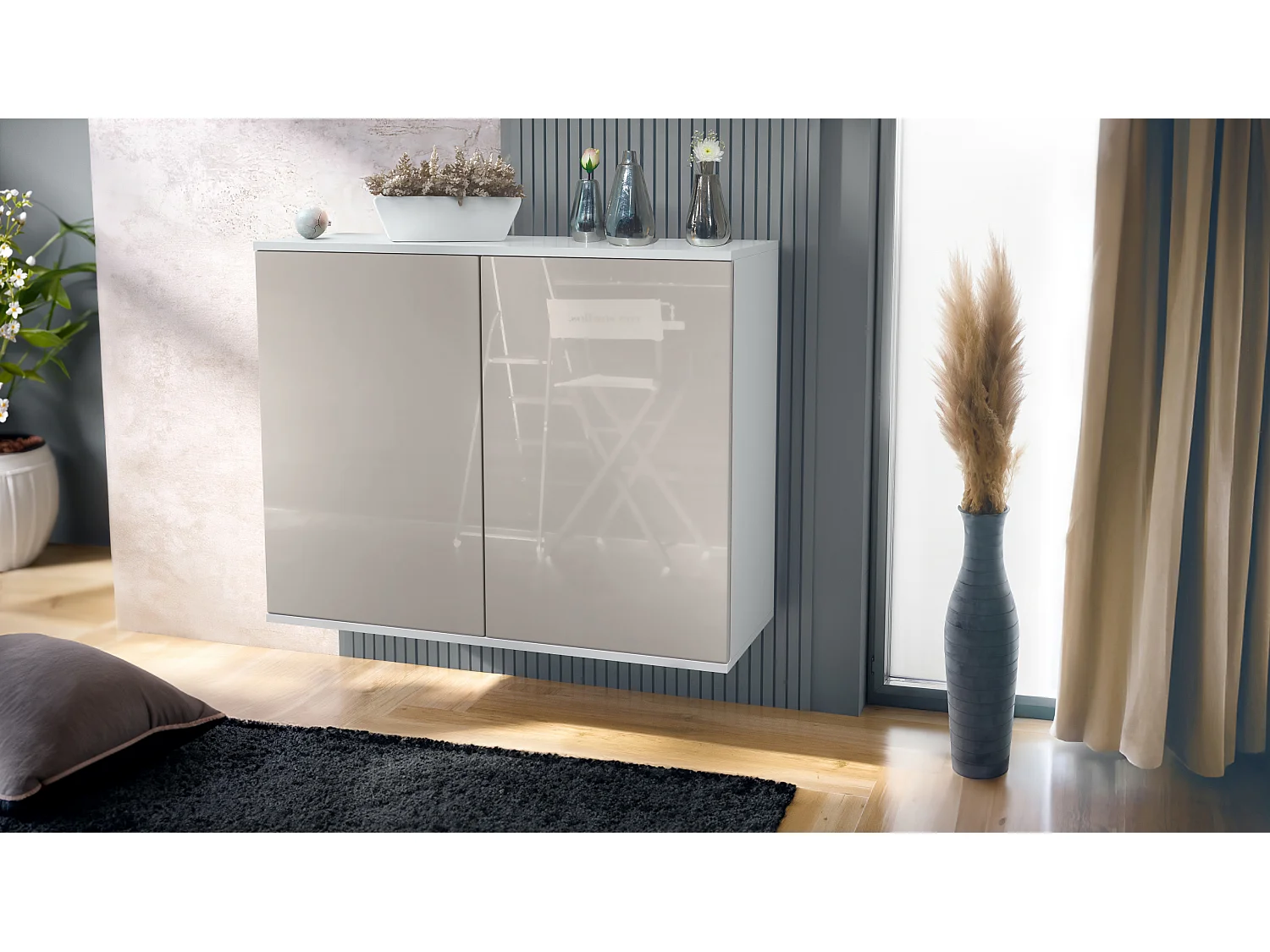 Credenza Skadu V3, Mobile da Cucina Moderno con 2 Grandi Ante bianco opaco / grigio sabbia lucido (92,5 x 73.5 x 35)