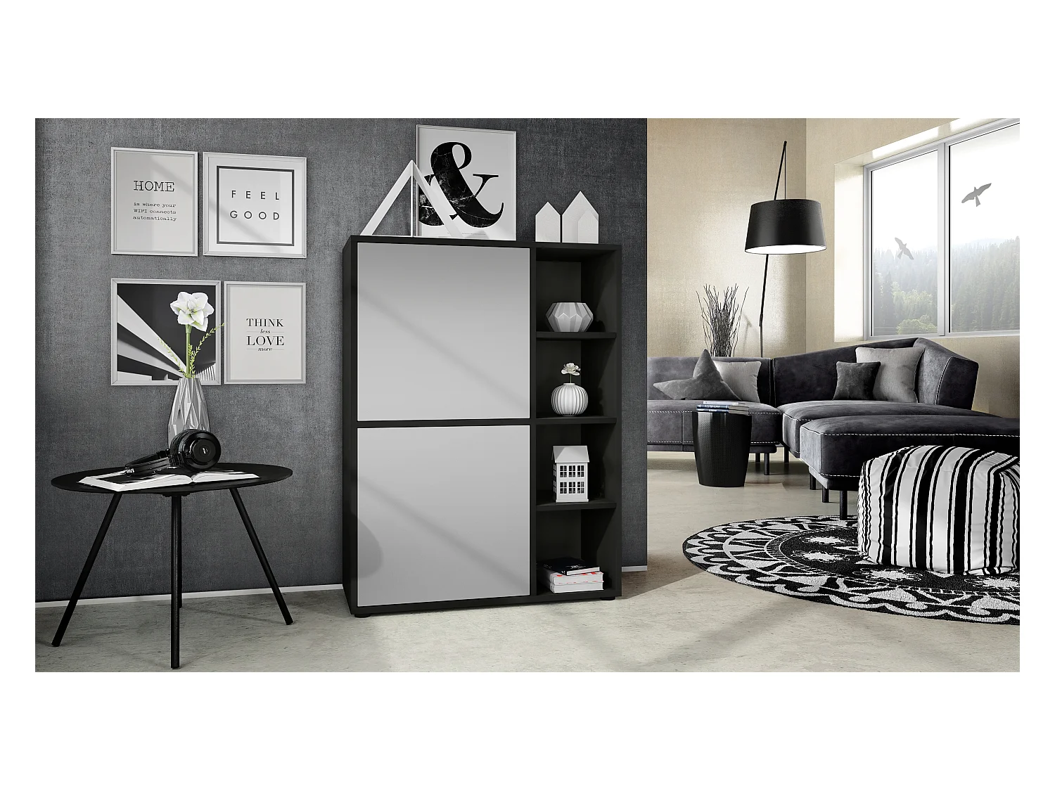 Buffet haut Cuba avec 8 compartiments, caisson en noir mat / Façades en Gris clair satiné mat