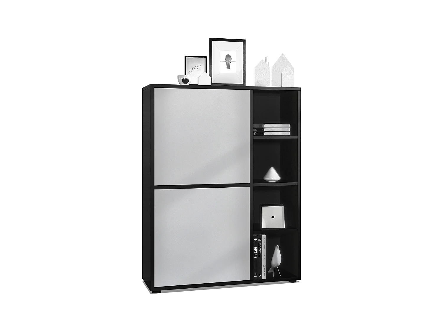 Buffet haut Cuba avec 8 compartiments, caisson en noir mat / Façades en Gris clair satiné mat