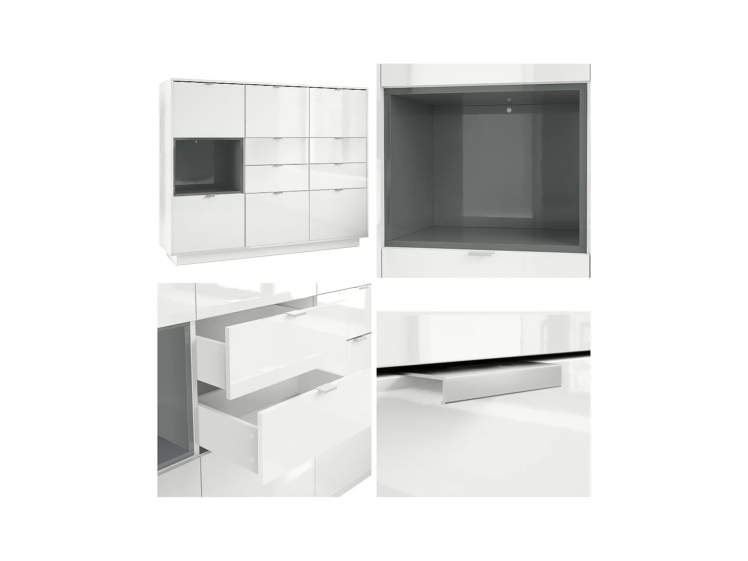 Buffet haut Armoire Metro V2, Corps en Blanc haute brillance / Façades en Blanc haute brillance avec une insertion en Bordeaux haute brillance