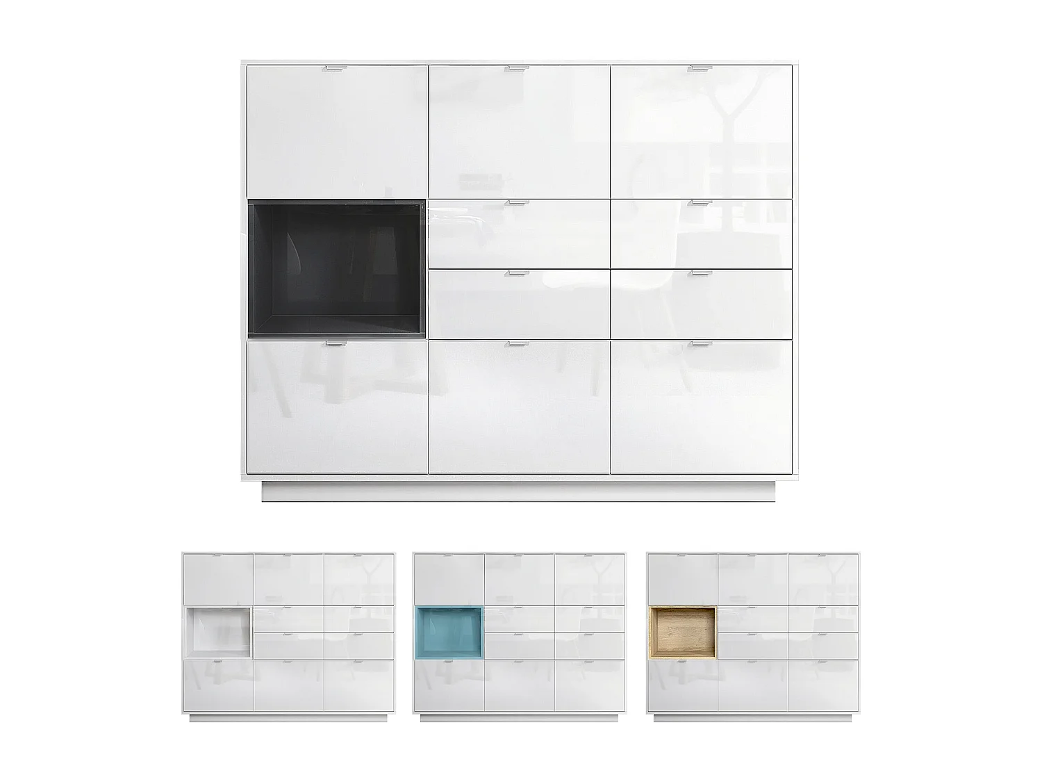 Credenza Metro V2, struttura in bianco lucido / frontale in bianco lucido con inserto in bordeaux lucido