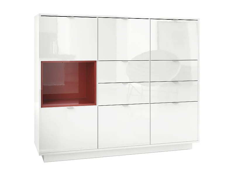 Buffet haut Armoire Metro V2, Corps en Blanc haute brillance / Façades en Blanc haute brillance avec une insertion en Bordeaux haute brillance