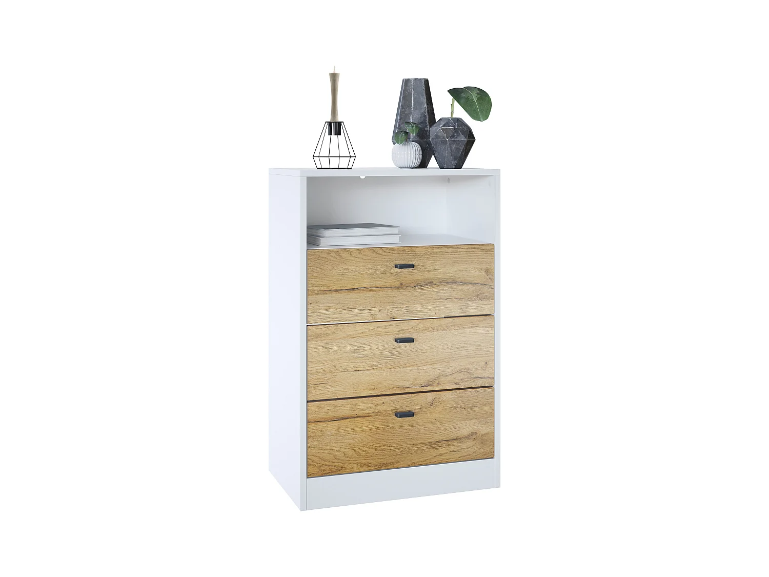 Ensemble de vestiaires Pino V2, 2 Panneaux muraux 140 cm et buffet avec 2 tiroirs & 1 compartiment ouvert, blanc mat/chêne nature (56 x 67,5 x 36 cm)