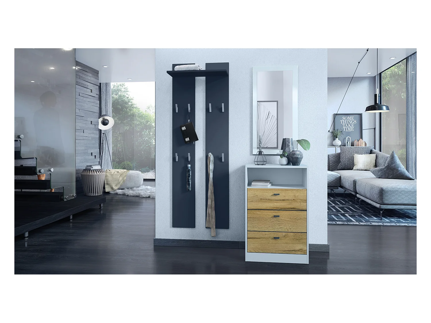 Ensemble de vestiaires Pino V2, 2 Panneaux muraux 140 cm et buffet avec 2 tiroirs & 1 compartiment ouvert, blanc mat/chêne nature (56 x 67,5 x 36 cm)