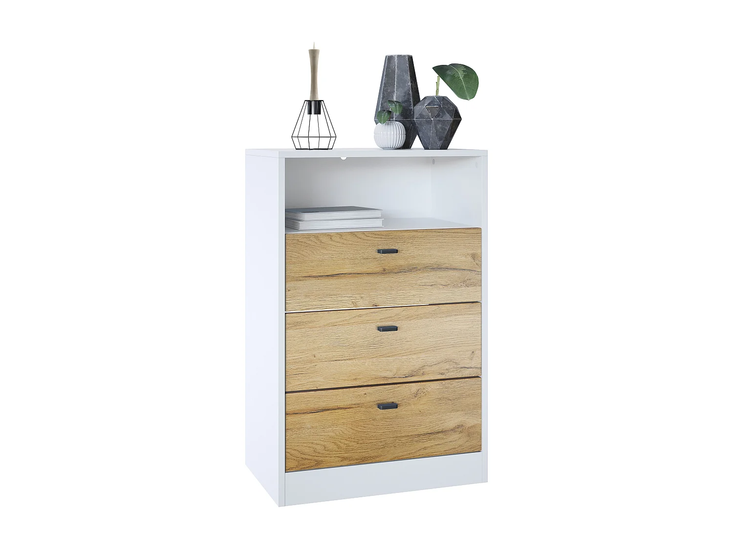 Ensemble de vestiaires Pino V2, 2 Panneaux muraux 140 cm et buffet avec 2 tiroirs & 1 compartiment ouvert, blanc mat/chêne nature (56 x 67,5 x 36 cm)