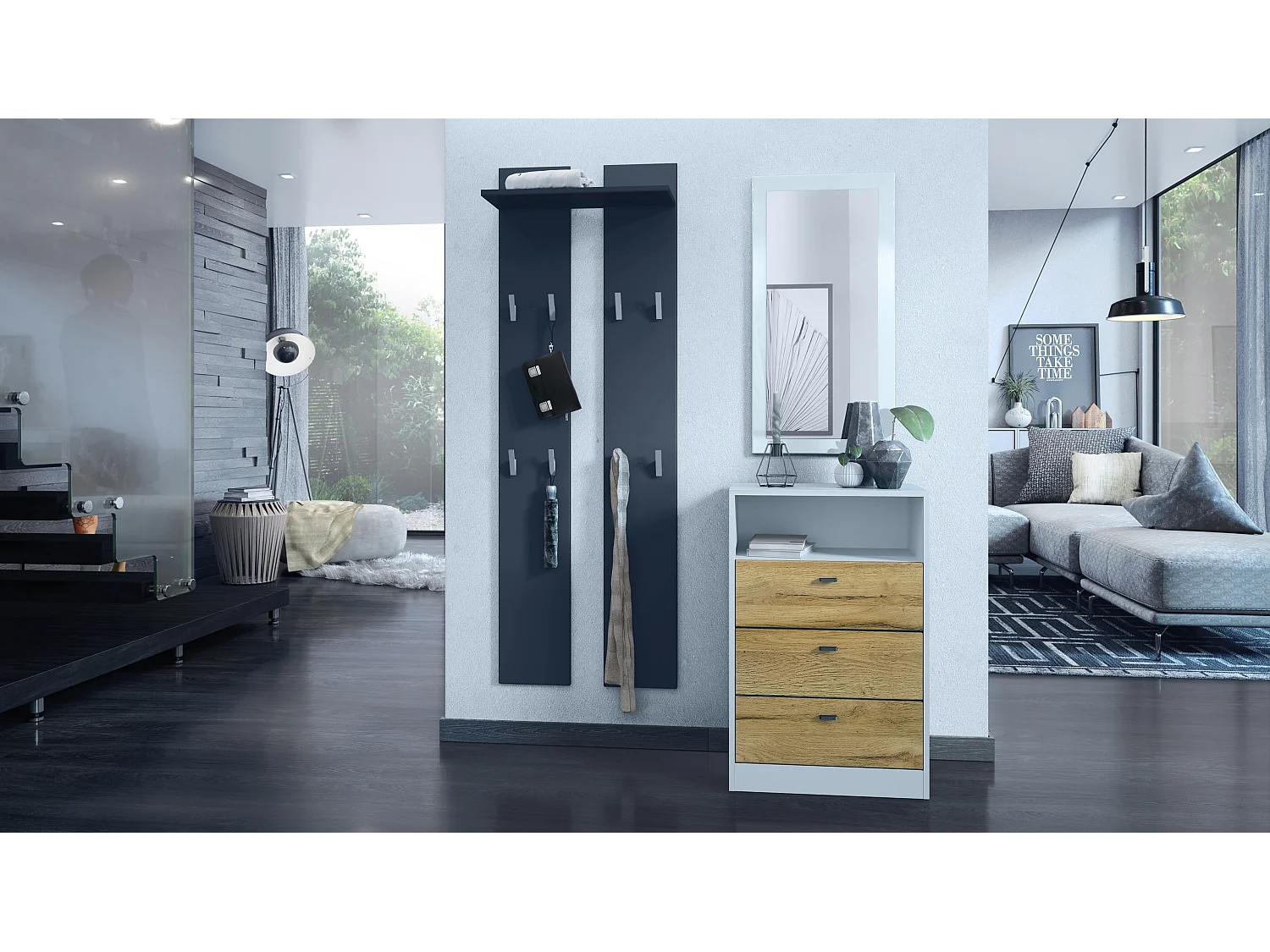 Ensemble de vestiaires Pino V2, 2 Panneaux muraux 140 cm et buffet avec 2 tiroirs & 1 compartiment ouvert, blanc mat/chêne nature (56 x 67,5 x 36 cm)