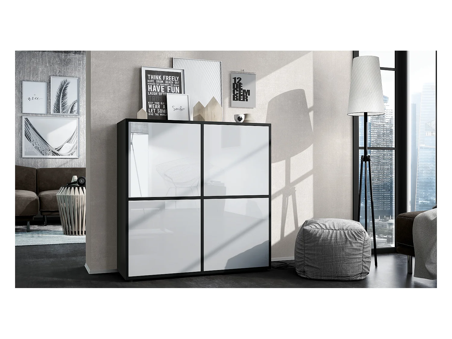 Highboard Cuba V2 Placard 104 x 105,5 x 35,5 cm Buffet à 8 compartiments, caisson en noir mat / façades en Blanc laqué haute brillance