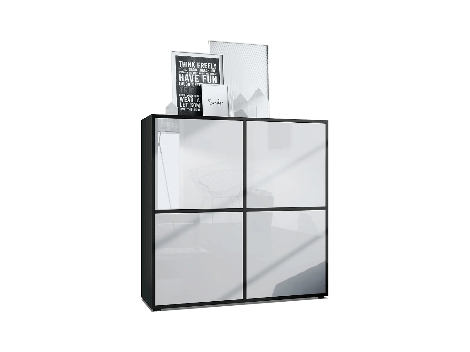 Aramario - Alacena Cuba V2 armario 104 x 105.5 x 35.5 cm armario - alacena con 8 compartimentos, cuerpo en negro mate frentes en Blanco de alto brillo