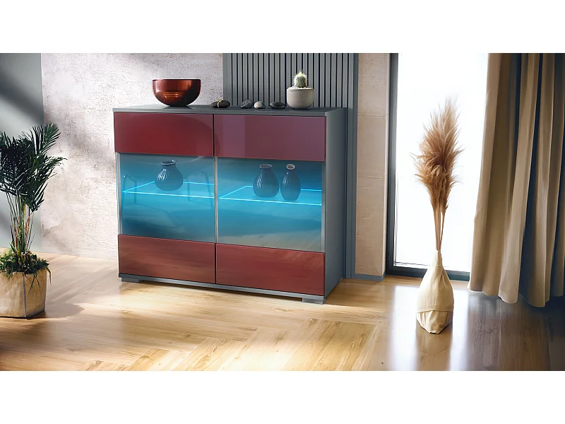 Commode Bari V3, Armoire de cuisine moderne avec 2 grandes portes vitrées incl. éclairage RGB anthracite mat / bordeaux haute brillance (92,5 x 75.5 x 35)