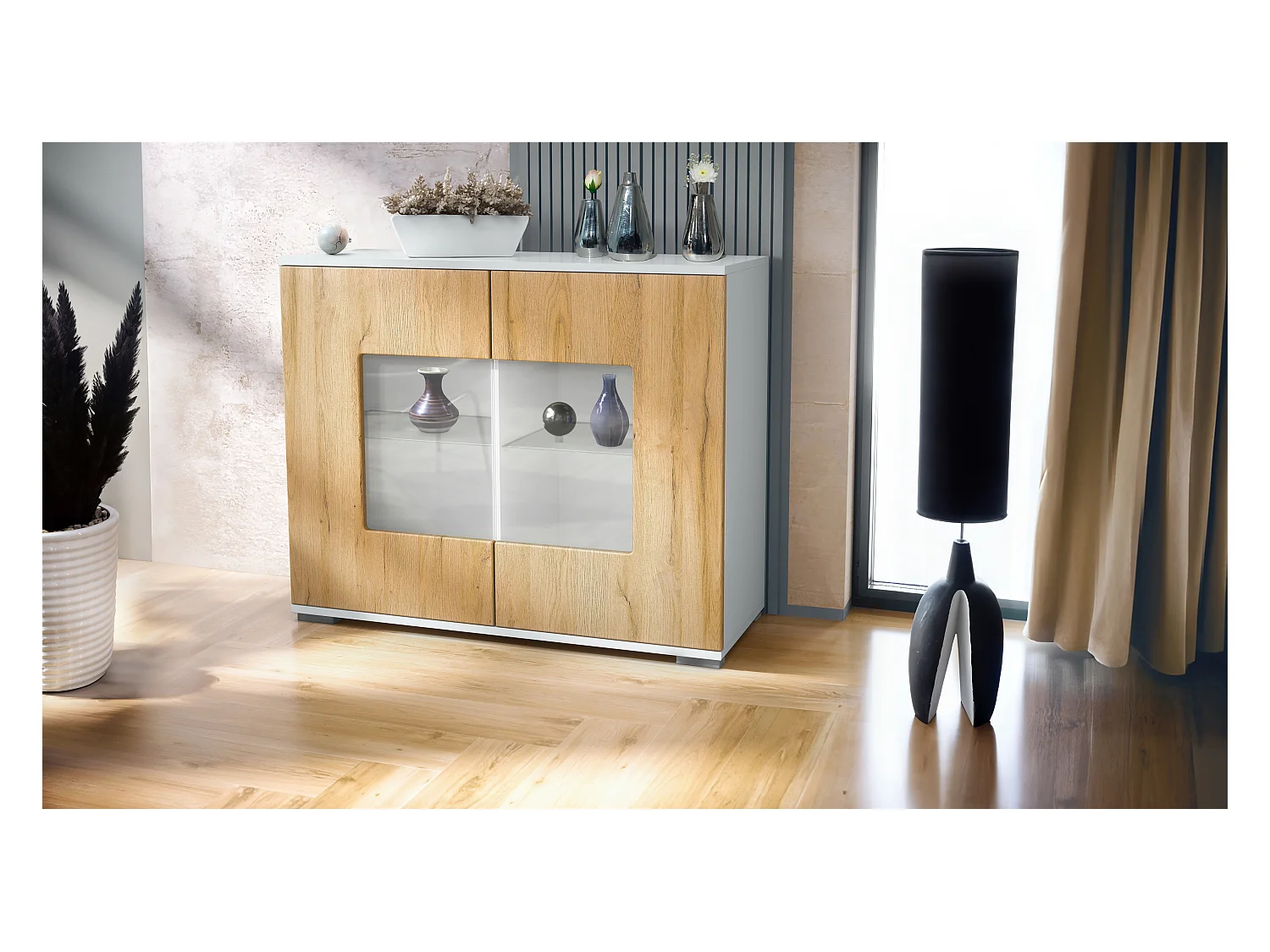 Commode Grömitz V3, Armoire de cuisine moderne avec 2 grandes portes vitrées blanc mat / chêne nature (92,5 x 75.5 x 35)