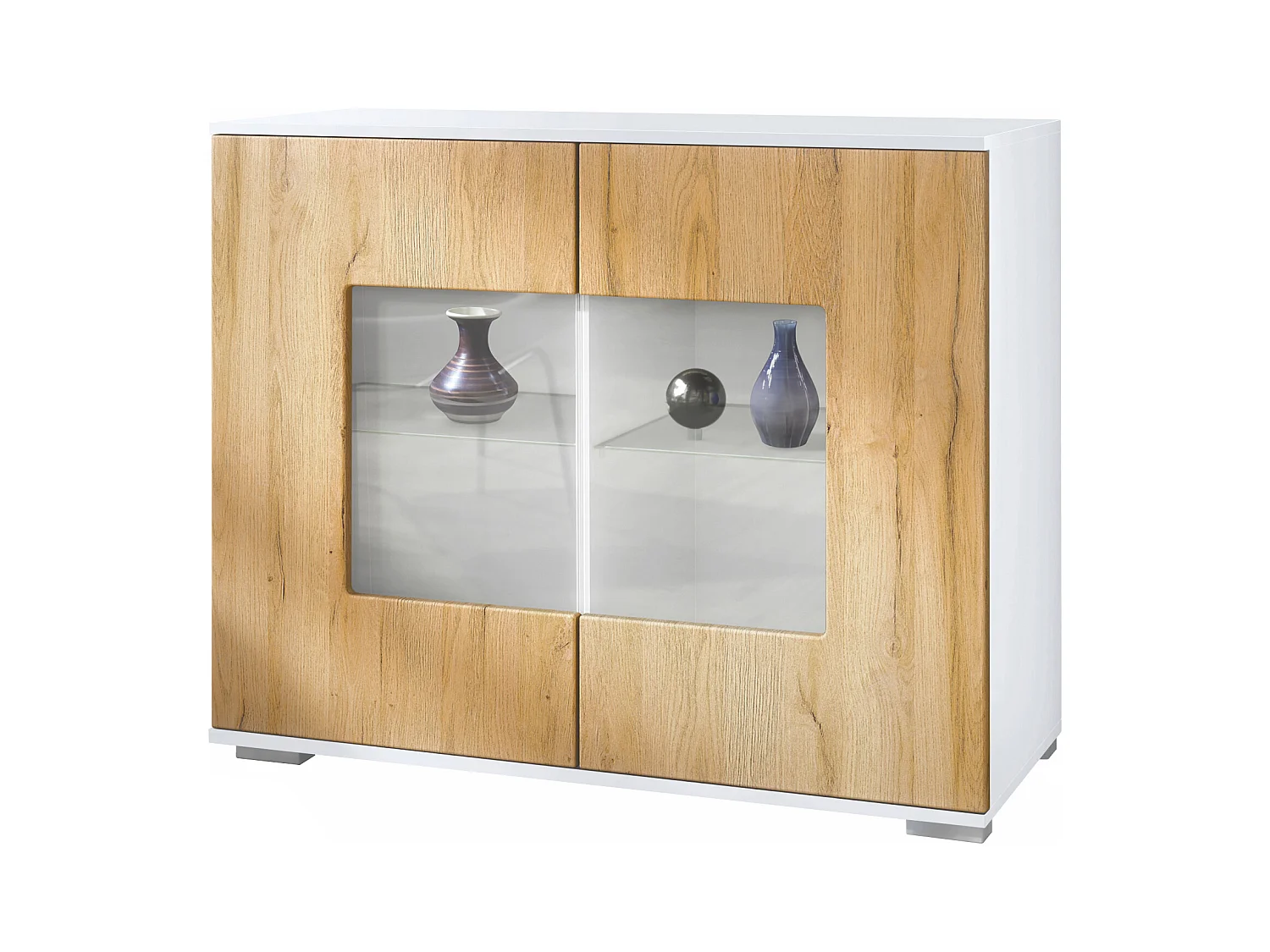 Commode Grömitz V3, Armoire de cuisine moderne avec 2 grandes portes vitrées blanc mat / chêne nature (92,5 x 75.5 x 35)