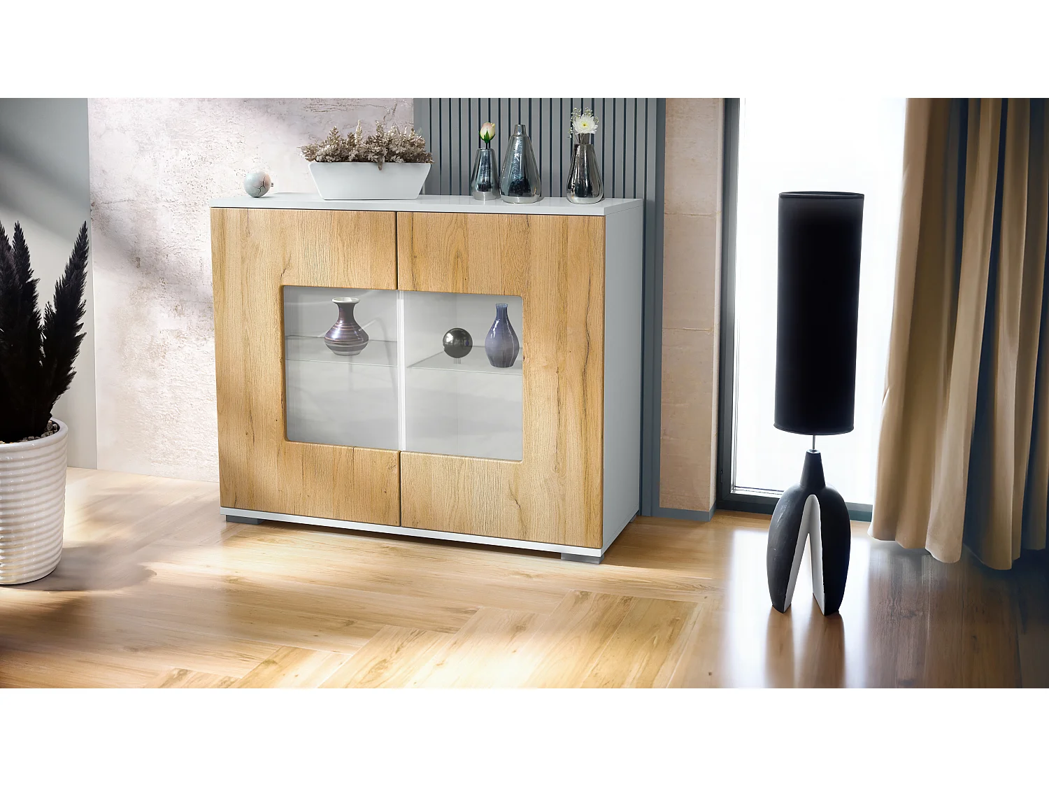 Cassettiera Grömitz V3, Mobile da cucina moderno con 2 grandi ante in vetro bianco opaco / rovere naturale (92,5 x 75.5 x 35)