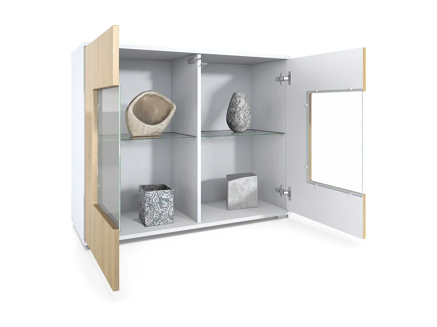 Cassettiera Grömitz V3, Mobile da cucina moderno con 2 grandi ante in vetro bianco opaco / rovere naturale (92,5 x 75.5 x 35)