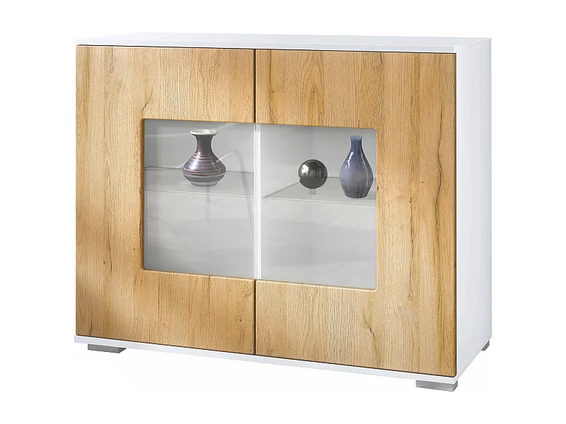 Cassettiera Grömitz V3, Mobile da cucina moderno con 2 grandi ante in vetro bianco opaco / rovere naturale (92,5 x 75.5 x 35)