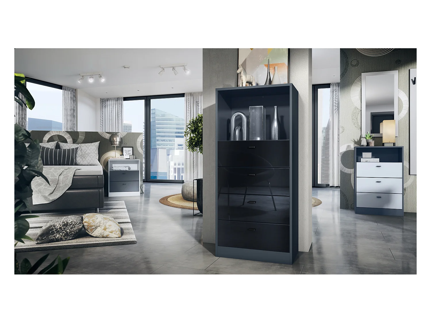 Commode Buffet Pino V3, avec 4 tiroirs & 1 compartiment ouvert, Anthracite mat/Noir haute brillance sans LED (56 x 125 x 36 cm)