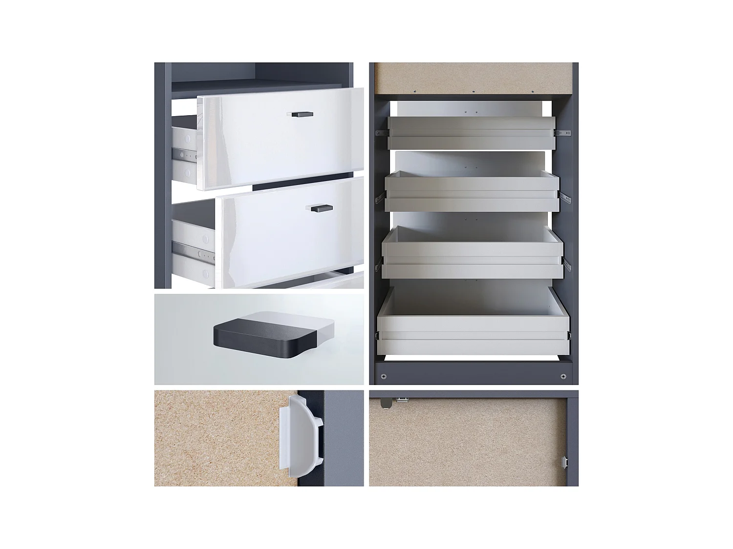 Commode Buffet Pino V3, avec 4 tiroirs & 1 compartiment ouvert, Anthracite mat/Noir haute brillance sans LED (56 x 125 x 36 cm)