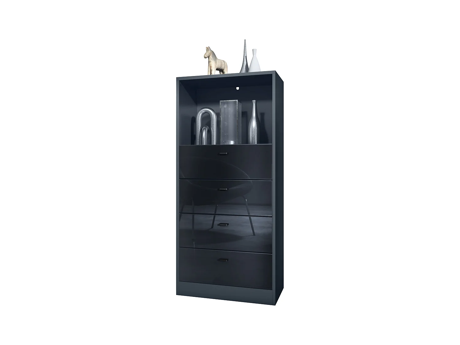 Commode Buffet Pino V3, avec 4 tiroirs & 1 compartiment ouvert, Anthracite mat/Noir haute brillance sans LED (56 x 125 x 36 cm)