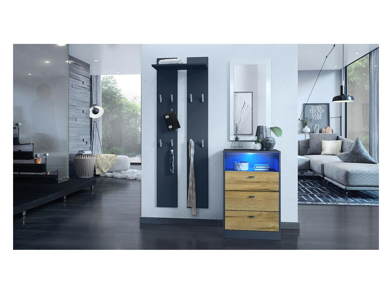 Commode Buffet Pino V2, avec 3 tiroirs & 1 compartiment ouvert, Anthracite mat /Chêne Nature avec éclairage LED RVB (56 x 86,5 x 36 cm)