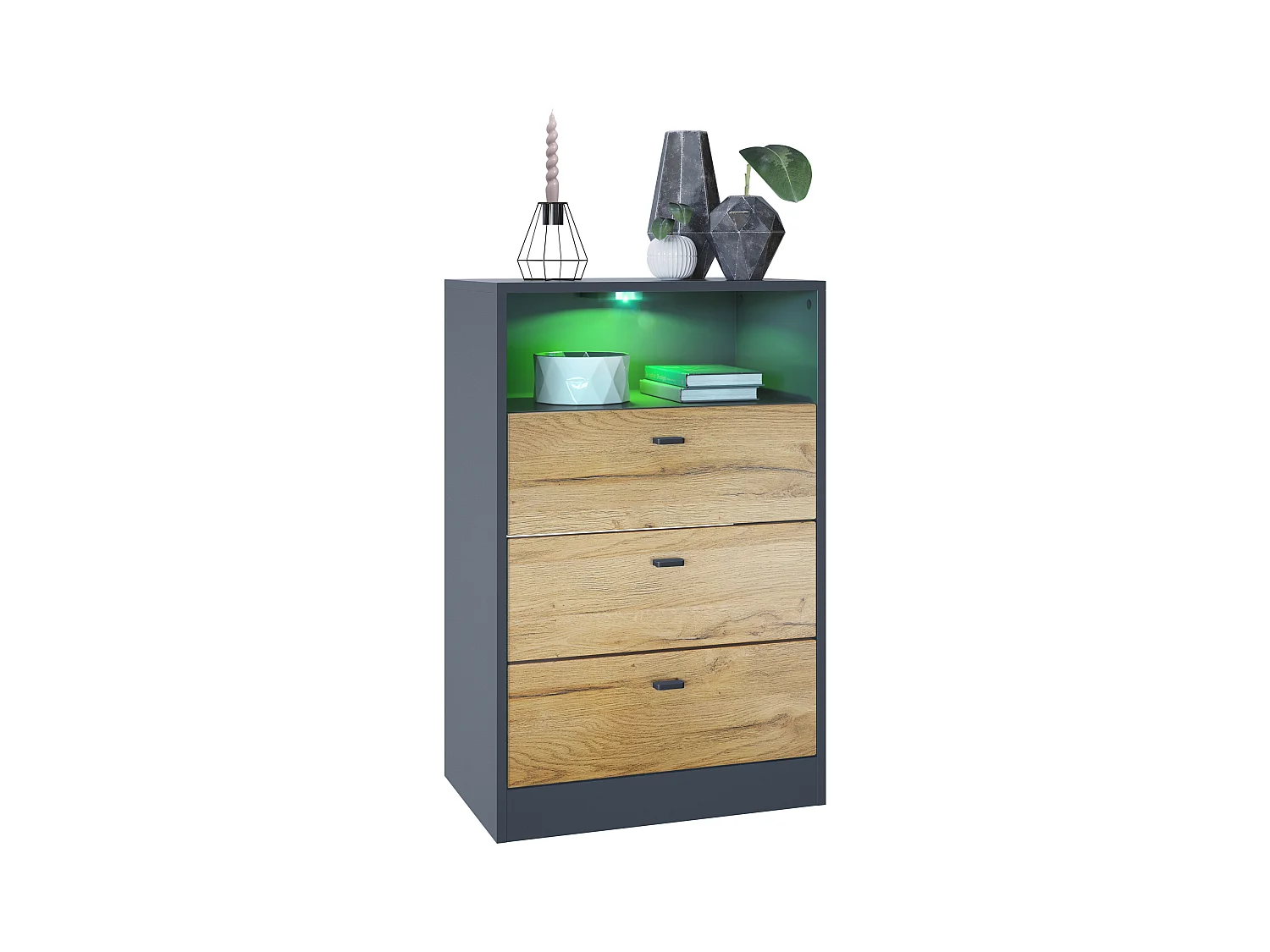 Commode Buffet Pino V2, avec 3 tiroirs & 1 compartiment ouvert, Anthracite mat /Chêne Nature avec éclairage LED RVB (56 x 86,5 x 36 cm)
