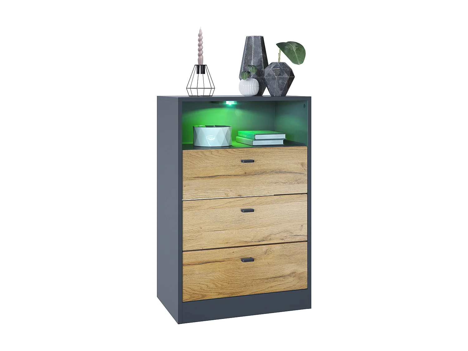 Cassettiera Pino V2, Credenza con 3 cassetti e 1 vano a giorno, antracite/quercia naturale con LED RGB (56 x 86,5 x 36 cm)