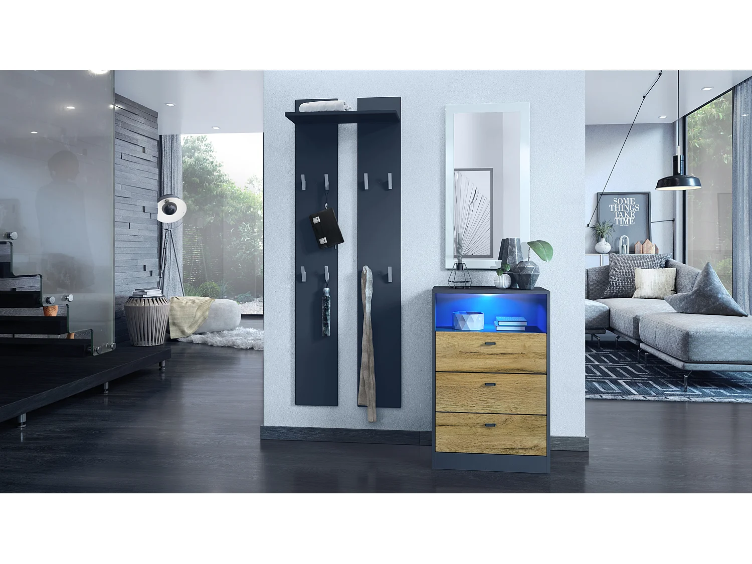 Cassettiera Pino V2, Credenza con 3 cassetti e 1 vano a giorno, antracite/quercia naturale con LED RGB (56 x 86,5 x 36 cm)