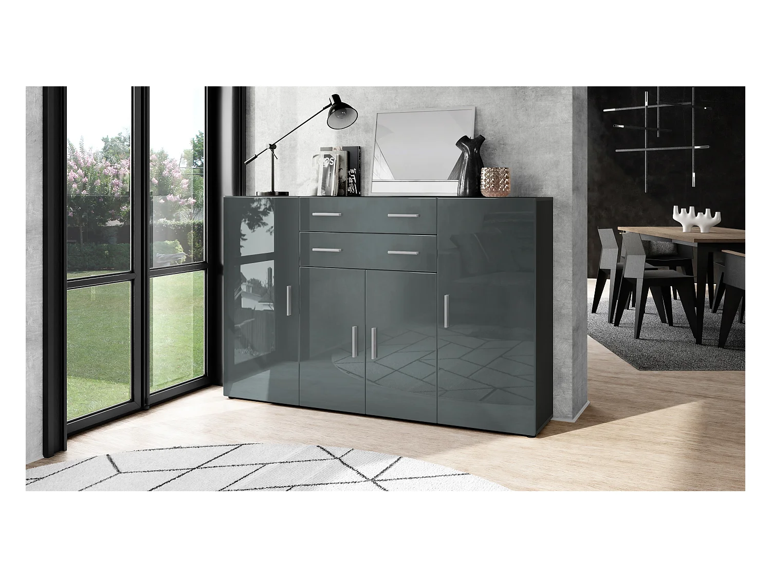 Le Buffet Haut Aron bahut avec 2 tiroirs et 4 portes avec un total de 8 compartiments derrière, anthracite mat/gris haute brillance (166,5 x 106,5 x 35 cm)