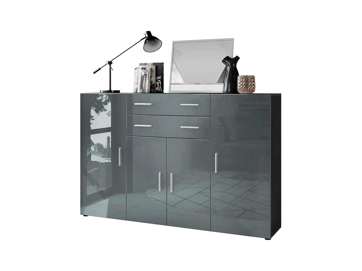 Le Buffet Haut Aron bahut avec 2 tiroirs et 4 portes avec un total de 8 compartiments derrière, anthracite mat/gris haute brillance (166,5 x 106,5 x 35 cm)
